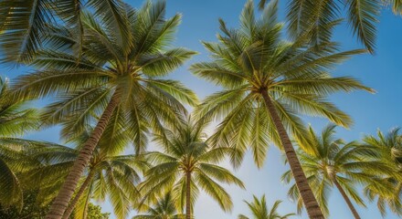 Looking up at lush green palm trees against a clear blue sky, evoking a sense of tropical paradise, summer vacation, and serene relaxation.