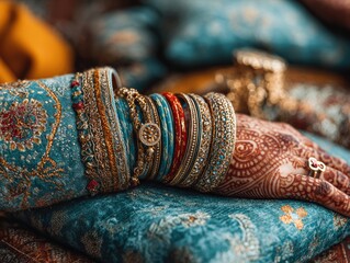 Fototapeta premium Authentic Henna Adorned Womans Hand with Traditional Bangles in Teej Festival Premium Cultural Celebration Content for Lifestyle Marketing Campaigns