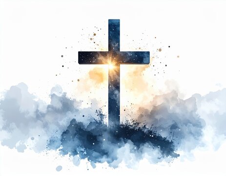 Watercolor depiction of a cross with light emanating, symbol of faith and hope