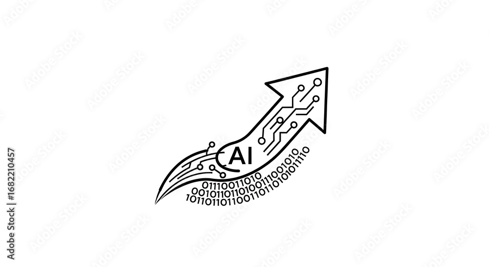Poster black and white illustration of an arrow with ai and binary code on a white background design concep