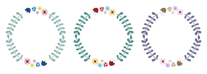 草花で作られたリースフレームのイラストセット（ナチュラル・装飾・ベクター素材）