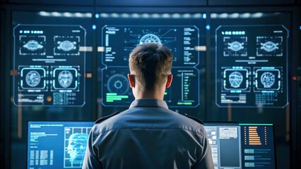 Cybersecurity analyst control room hologram interface data visualization digital dashboard brain scan biometric AI assistant night blue glow