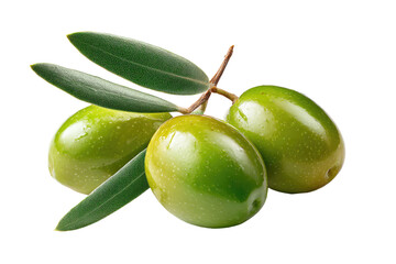 Close-up of three green olives with leaves