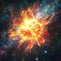 Fiery star emitting light and energy in deep space with nebula and stars a cosmic phenomenon of stellar evolution