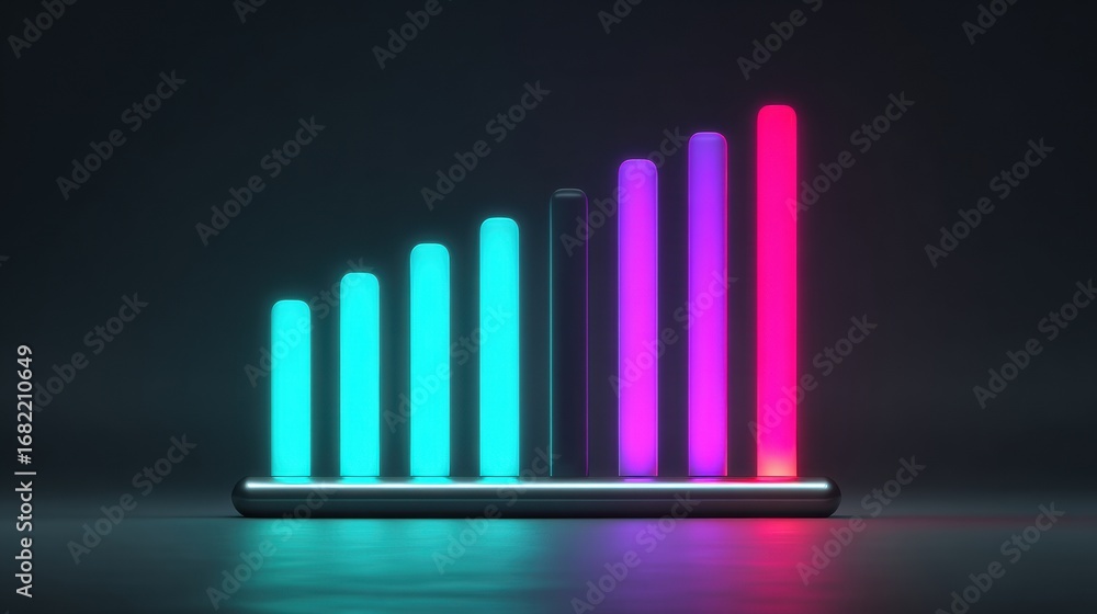 Poster neon progress bars in varying heights display a visual representation of growth and progress with vi