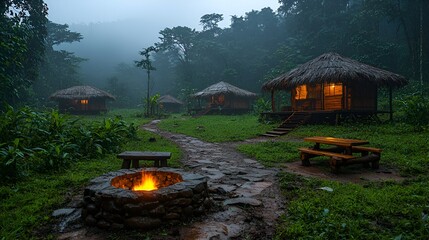 Illuminated jungle huts, campfire, misty rainforest.