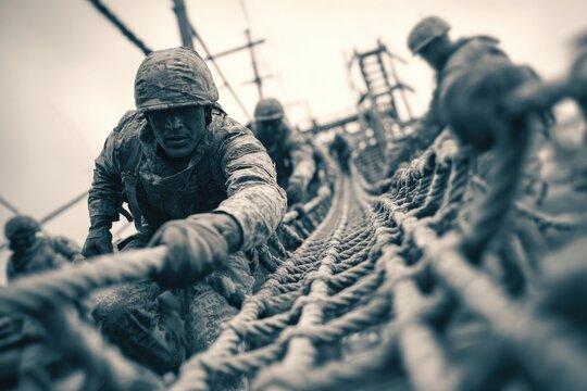 Professional Military Soldiers on Rugged Obstacle Course Climbing Rope Net Authentic Endurance Training for Teamwork Marketing and Social Media Content