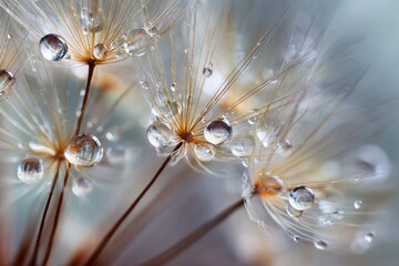Dandelion seed heads closeup with water droplets attached to the spindly seeds