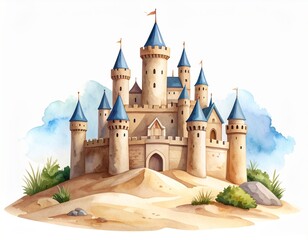 Enchanting Watercolor Sandcastle Fortress on a Dune, Fantasy Architecture