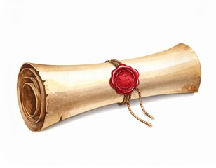 Antique Scroll with Wax Seal, Watercolor Illustration on White Background