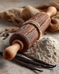Authentic Rustic Wooden Rolling Pin with Vanilla Pods and Flour Premium Kitchenware for Baking Enthusiasts and Millennial Home Cooks Marketing Content