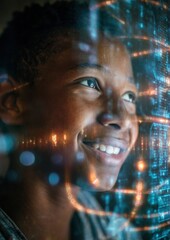 Premium Close-Up of Black Teenager with Excited Expression Illuminated by Futuristic AI Holographic Interface for Modern Education and Technology Marketing