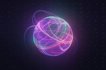 Glowing neon sphere with colorful swirling lines in dark space