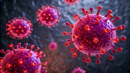 Glowing virus particle red spikes purple sphere microbiology closeup 3D render bokeh infection pathogen abstract