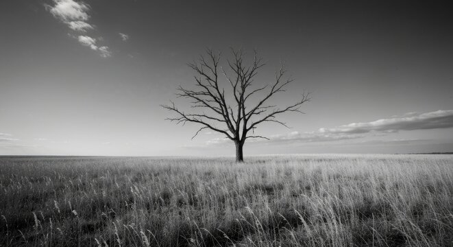 A striking black and white landscape featuring a solitary, bare tree standing resiliently in a vast, windswept field under a dramatic sky. Evokes themes of solitude and endurance.