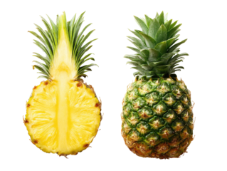 Two pineapples, one whole, one halved, showcasing the fruit's interior