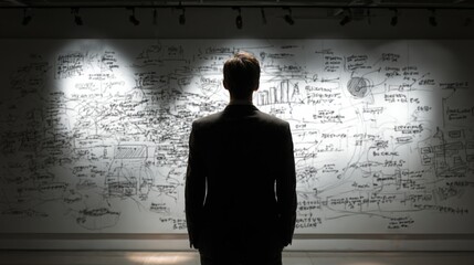 Businessman Analyzing Strategy on Whiteboard in Office Environment