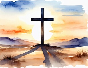 Watercolor depiction of a solitary cross casting shadows at sunset