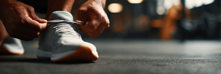 Focused individual ties shoelaces on athletic shoes, preparing for an intense workout in a well-lit gym early in the morning.