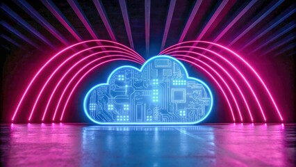 AI threats in healthcare systems glow under neon cloud circuit, cyber defense focus, secure data flow, future care vision