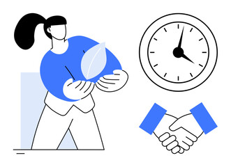 Woman holding a leaf, handshake, and clock representing environmental care, teamwork, and productivity. Ideal for sustainability, collaboration, time management, ecology partnerships business