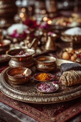 Fototapeta premium Authentic Teej Festival Brass Puja Thali with Diya and Religious Offerings Premium Spiritual Tradition Content for Lifestyle Marketing and Social Media Campaigns