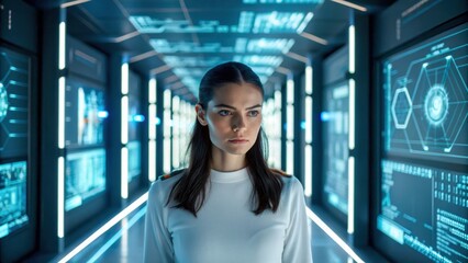 Ai threats in healthcare systems corridor, cyber defense analyst, futuristic control room, blue neon, secure data, alert focus