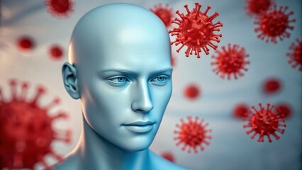 Blue mannequin head profile serene human face cool tones 3D render red virus microbe pathogen healthcare