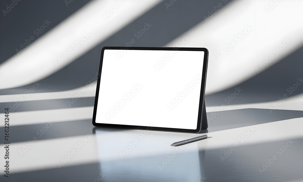 Poster modern tablet display and stylus in elegant minimalist setting with shadow play, bright white screen