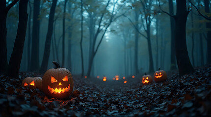 Halloween night scene with carved pumpkins in a dark forest path with light