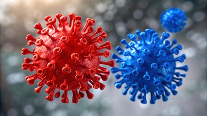 Viral particle red blue 3D render closeup macro biology science infection pathogen medical disease healthcare germ microorganism cell microscope