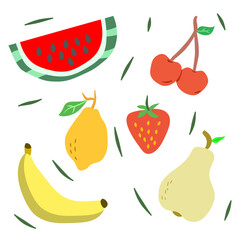 A collection of illustrations of fruits such as watermelon, cherry, lemon, strawberry, banana, and pear for health or food design.