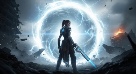 Fototapeta premium Futuristic female warrior standing before a glowing energy portal, sci-fi soldier in a ruined apocalyptic city, cinematic fantasy battle background