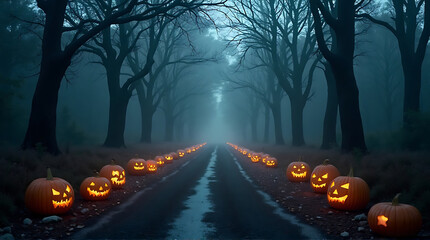Eerie halloween night scene with glowing pumpkins along a misty road with trees