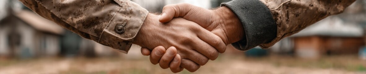 Fototapeta premium Professional military and civilian handshake outdoors symbolizing authentic national unity and partnership premium corporate content for government campaign marketing