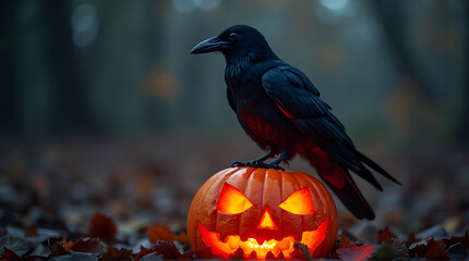 Obraz premium Eerie Halloween Night: Raven perched atop a glowing Jack-o'-lantern in dark forest