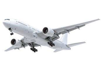 White airplane in flight, angled view
