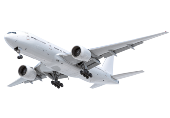 White airplane in flight, angled view