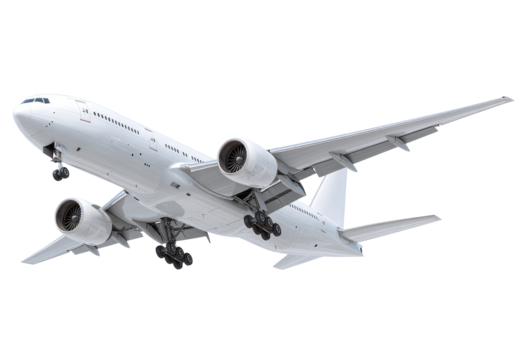 White airplane in flight, angled view