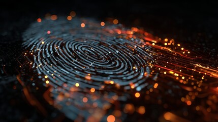 Dynamic digital fingerprint glowing with futuristic technology and data streams, representing cybersecurity and identity.