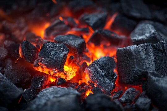 Glowing charcoal embers with rough edges and hot center