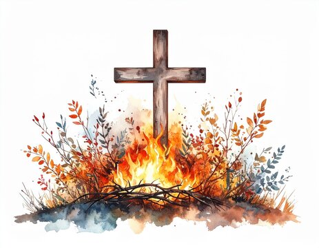 Watercolor illustration depicting a wooden cross amidst a burning bush and crown thorns