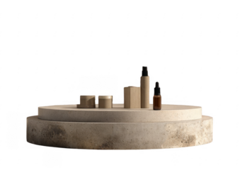 Minimalist natural skincare and cosmetic containers displayed on a textured stone pedestal with black background