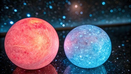Ai threats in healthcare systems glow softly as red sphere, blue sphere, cosmic bokeh, starry night, reflective surface, dreamy mood