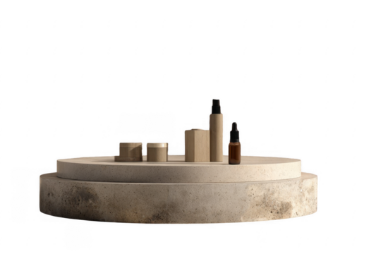 Minimalist natural skincare and cosmetic containers displayed on a textured stone pedestal with black background