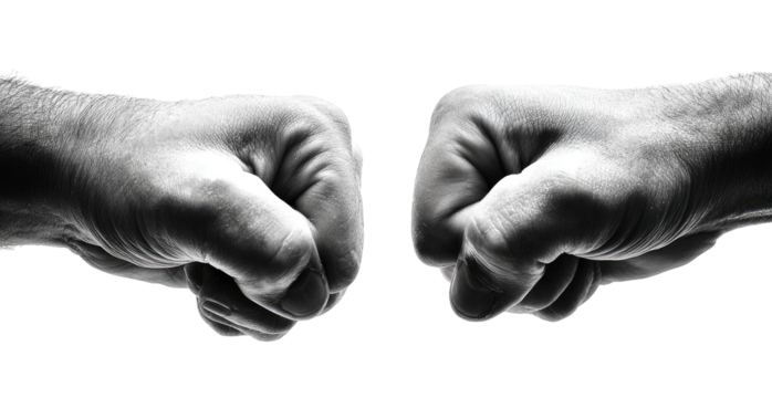 Two clenched fists, close-up, grayscale