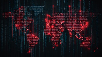 Global cyber threat detected with alarming red digital map highlighting widespread data breaches and network vulnerabilities across interconnected world