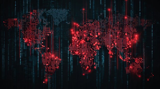 Global cyber threat detected with alarming red digital map highlighting widespread data breaches and network vulnerabilities across interconnected world
