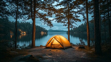 Illuminated tent by tranquil lake at dusk.