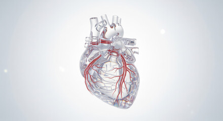 Anatomically correct glass human heart with coronary arteries, a futuristic 3d medical animation concept on a light background